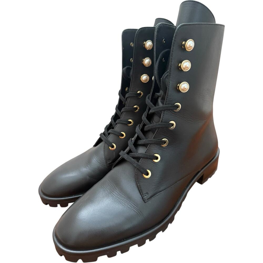 Stuart Weitzman Laine Pearl Leather Combat Boot In Black Size 8 - Picture 8 of 13